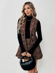 Elyressa 女士秋季格子翻领双排扣无袖外套和中长裙优雅套装 - 棕色 - 查看 4