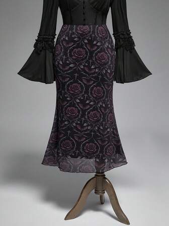 Goth Falda de sirena de malla con patrón de rosas oscuras góticas vintage románticas para tallas grandes