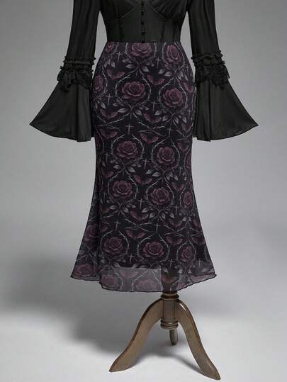 Plus Size Vintage Romantic Dark Gothic Thorny Rose Pattern Mesh Mermaid Skirt