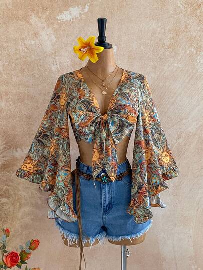 Soleia Women's Vintage Vacation Winter Clothes For Women Beach Fashion Women's Casual Floral Print Flare Sleeve Cropped Top