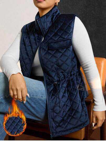 Zelara Abrigo acolchado para mujer talla grande, para otoño/invierno, con bolsillos, cremallera metálica, diseño de cintura ceñida para un aspecto talla grande estilizado. Chalecos para mujer, chaleco acolchado, ropa de abrigo para mujer, chaleco acolchado de invierno para mujer, acogedor otoño e invierno para mujer, Navidad, Año Nuevo, Acción de Gracias para mujer, fiesta, abrigo de mujer de dinero viejo, chaleco de dinero viejo, chaleco azul marino