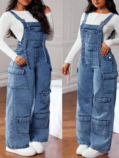 Jeanoix Mono de peto informal versátil de unicolor con bolsillo, overol de mezclilla de carga de talla grande para mujeres, overol de mezclilla holgado, overol para mujeres holgado