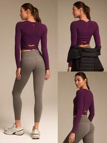 GLOWMODE FeatherFit™ Twist And Flow Crewneck Twisted Back Thumbholes Built-In Bra Long-Sleeve Top Low-Impact Yoga Pilates Barre Gym Studio Daily Casual Wear - Bold Plum - View 8