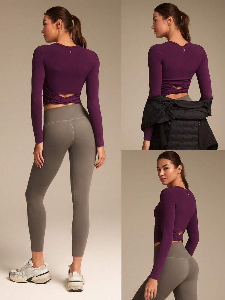 FeatherFit™ Twist And Flow Crewneck Twisted Back Thumbholes Built-In Bra Long-Sleeve Top Low-Impact Yoga Pilates Barre Gym Studio Daily Casual Wear