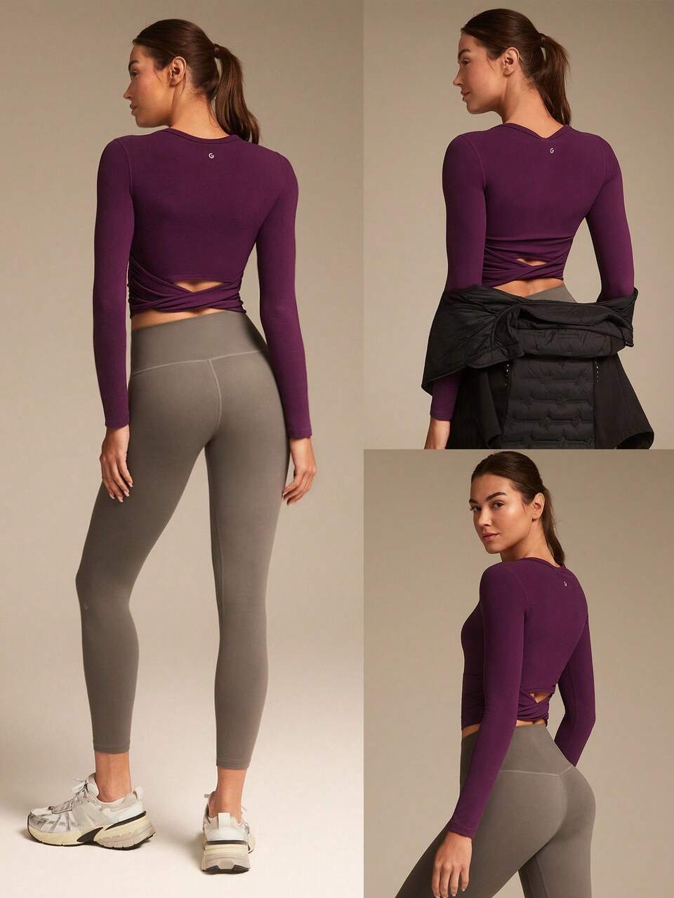 FeatherFit™ Twist And Flow Crewneck Twisted Back Thumbholes Built-In Bra Long-Sleeve Top Low-Impact Yoga Pilates Barre Gym Studio Daily Casual Wear