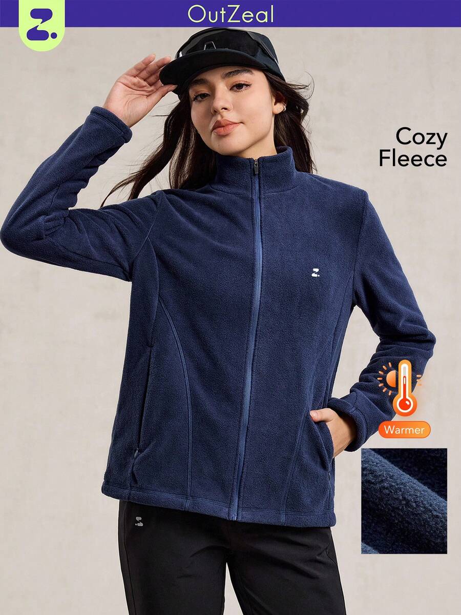 OutZeal 女士保暖抓绒拉链口袋立领拇指孔拉链户外抓绒外套秋冬季徒步露营 - 藏蓝色 - 查看 1