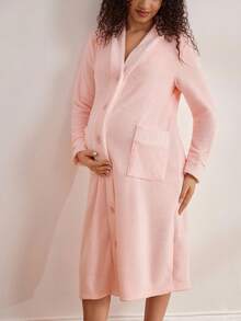 Moonlight&Mama Bộ đồ mặc nhà bằng vải nỉ mềm mại, màu trơn, cài cúc phía trước dành cho bà bầu, thích hợp cho mùa Thu/Đông. - Bụi hồng - Xem 5