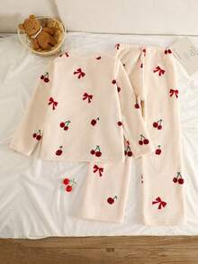 2pcs Girls Cherry Bow Pattern Casual Comfortable Fleece Pajama Set, Long Sleeve Top And Pants, Winter Cherry Pajama Set Bow Pajamas Girls Pajama Set Kids Pajama Set