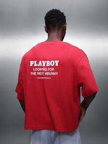 PLAYBOY X SUMWON Boxy Fit Crew Neck Short Sleeve Statement Graphic Tee With Back Print Cotton Blend Streetwear Style - Red - View 4
