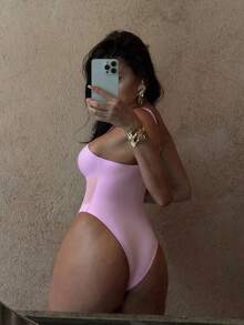 Swim Mod Springbreak Women's Summer Beach Solid Color Strap Mesh Patchwork Sexy Hollow One-Piece Swimsuit, Festival Boho Flower Swimsuit One Piece Swimsuit Floral Swimsuit Bathing Suits For Women Pink Pink One Piece Swimsuit Pink Swimsuit Hibiscus Swimsuit Pink Bathing Suit - Pink - View 2