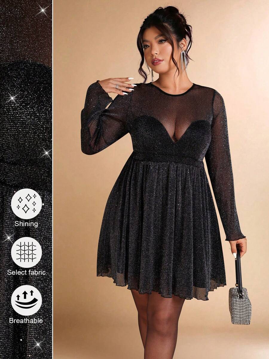 Cravure 大码女式秋冬闪光 A 字型派对连衣裙，适合宴会、聚会、派对 - 黑色 - 查看 1