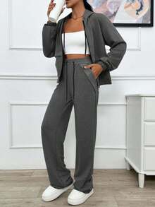 EURMUSE TWO PIECES TWO THREAD LIGHT GREY HOODIE SWEATSHIRT AND SWEATPANT WITH SPARKLE STONE DETAIL - Dark Grey - View 3