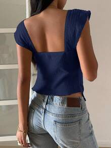 SHEIN EZwear 女士纹理针织荷叶边下摆甜心领短袖优雅T恤，锐舞上衣 - 藏蓝色 - 查看 2