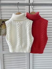 SHEIN Serisse Kids 少女两件套针织无袖羊毛扭结高领上衣 - 紅白色 - 查看 4