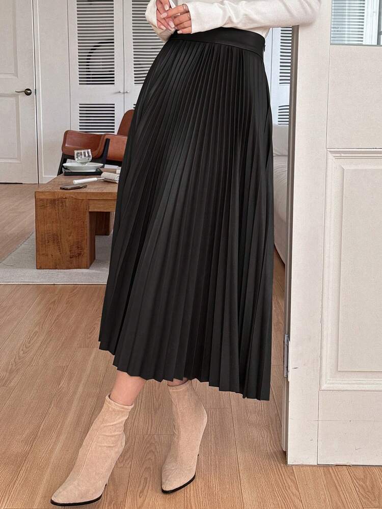 Women's Elegant Solid Color Pleated PU Leather Skirt, Autumn/Winter