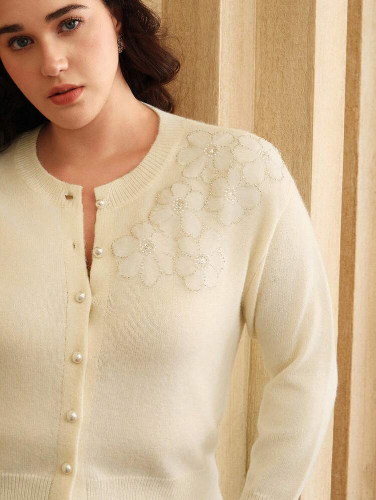 Plus Size Solid Color Knitted Elegant Pearl Button Floral 3D Decor Cardigan For Women, Autumn/Winter