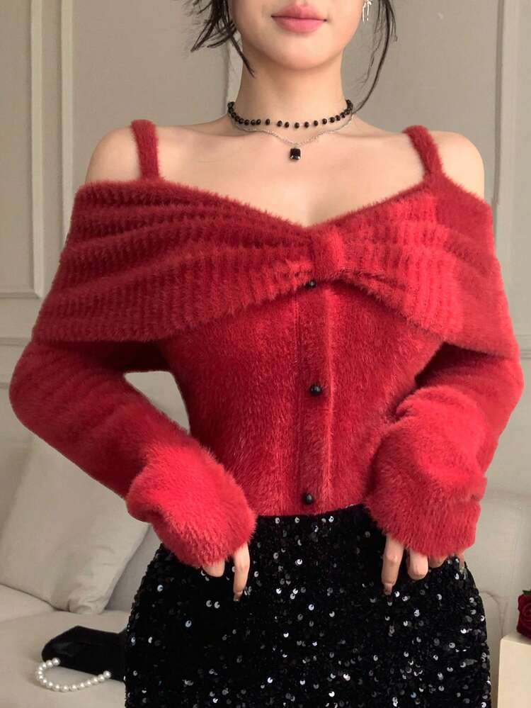 Women's Elegant Solid Color Off-Shoulder Bow Knit Sweater, Autumn/Winter Christmas