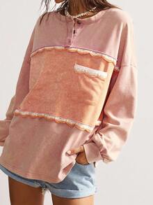 Bohemela Áo thun dài tay tối giản màu khối cỡ lớn dành cho nữ - Màu Hồng baby - Xem 1