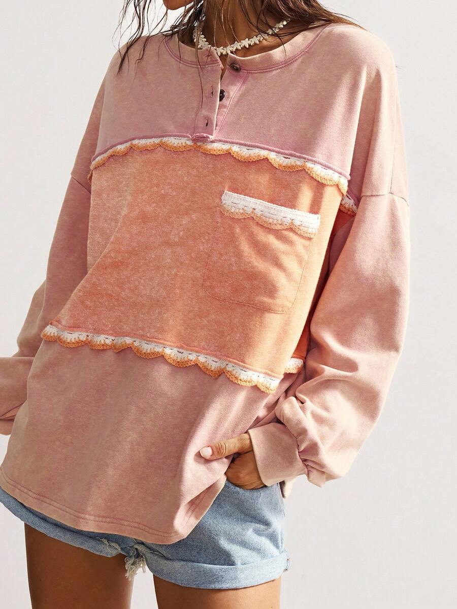 Bohemela Áo thun dài tay tối giản màu khối cỡ lớn dành cho nữ - Màu Hồng baby - Xem 1