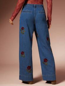 WESTFADE Rose Embroidered Mid Rise Wide Leg Cotton Blend Denim Jeans Fall, Autumn, Winter, Holiday, Christmas, New Years Eve, NYE, Cowgirl, Nashville Cowgirl, Boho, Casual, Cute, Western Wear - Medium Wash - View 3