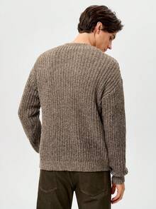 RONVEXI 男士纯色圆领长袖罗纹针织休闲套头毛衣，秋冬款 - 灰色 - 查看 6