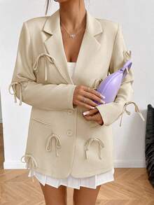 Rafferiza Áo khoác blazer nơ 3D thời trang thường ngày cho nữ - Màu be - Xem 6