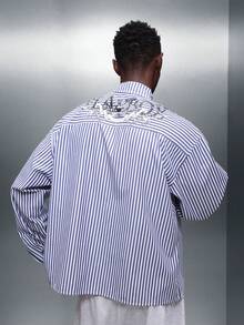 PLAYBOY X SUMWON 男士经典修身长袖衬衫，白蓝条纹，商务休闲办公着装 - 藍白色 - 查看 3