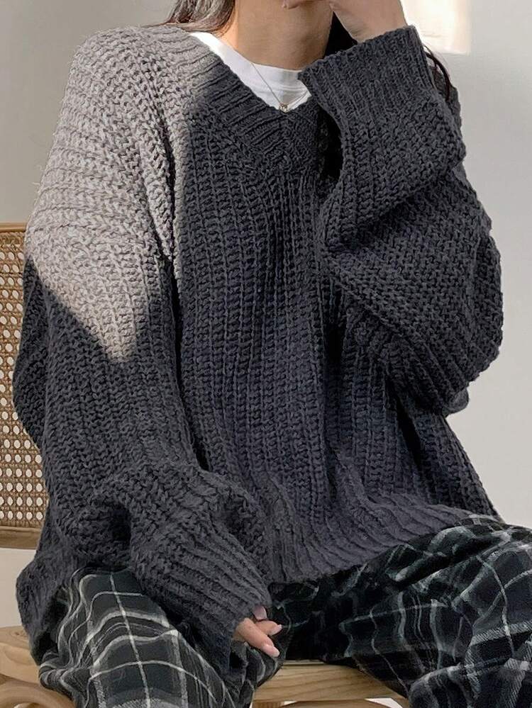 Women's V-Neck Loose Cable Knit Solid Color Casual Sweater