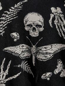 ROMWE Gothic Skull & Moth Floral Jacquard Loose Pullover Sweater - Black - View 3
