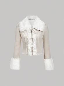 SHEIN MOD Áo khoác mùa thu đông màu be cổ điển sang trọng, phối lông thú, lót giữ nhiệt, có nơ, cổ ve áo, tay dài, thích hợp cho hẹn hò, tiệc tùng, sinh nhật, dạ hội. Áo khoác lông ngắn cho nữ, áo khoác nữ, áo khoác phù hợp cho váy, đi học, phong cách Y2K, Grunge, Hippie, ấm áp cho mùa thu và mùa đông. - Màu be - Xem 5