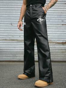 AXEPEAK Men's PU Leather Graphic Print Pocket Flared Leg Loose Pants - Black - View 3