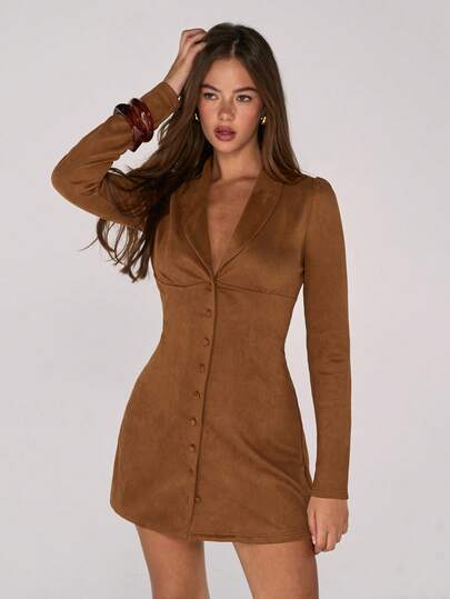 Avantive Vestido mini de mujer de un solo pecho de manga larga con cuello de chal de unicolor