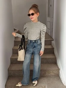 SHEIN 2pcs/Set Tween Girl Slim Fit Casual Mock Neck Raglan Sleeve Ribbed T-Shirts, Girls Ribbed Set, Girls Long Sleeve Tops, Solid Color Tops Tween Girl - Brown - View 12