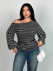 Firerie 大码斜肩长袖T恤，菠萝纹理长袖，不对称秋季女式上衣 - 黑色 - 查看 3