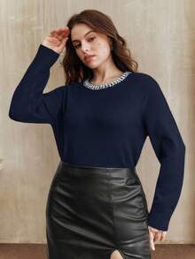 Anewsta 优雅女士冬季毛衣，时尚水钻装饰领口，灰色甜美青春，百搭闪亮派对装，大码针织上衣 - 藍色 - 查看 3