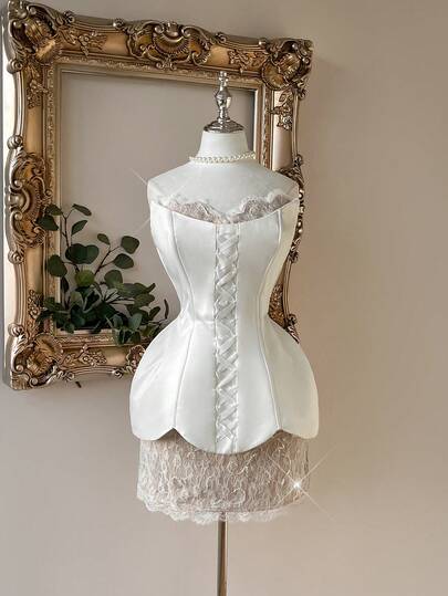 Lovelzi Elegant And Luxurious White Sequined Lace Trim Dress With Opulent Satin Fabric, Handcrafted Eyelash Lace Trim With Tooth-Like Embellishments, Shell Strapless Bodice Dress With Tie Details, 2 In 1 Style, Suitable For Weddings, Formal Occasions, And Gift Parties (Exquisite Workmanship)., Valentine's Day