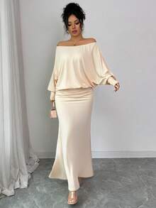 Elenzga Đầm Maxi Dài Tay Hở Vai Dáng Rộng, Eo Thon, Viền Đuôi Cá, Màu Trơn, Thanh Lịch, Thời Trang, Thoải Mái, Quyến Rũ, Phong Cách Retro Tối Giản Cao Cấp Lãng Mạn Cho Nữ - Màu be - Xem 6