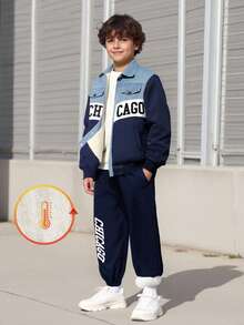 Vacaura 2pcs/Set Tween Boys Denim Patchwork Thermal Lined Thick Jacket Coat & Thermal Lined Jogger Pants Chicago Print Casual Sports Outfit, Winter - Navy Blue - View 1