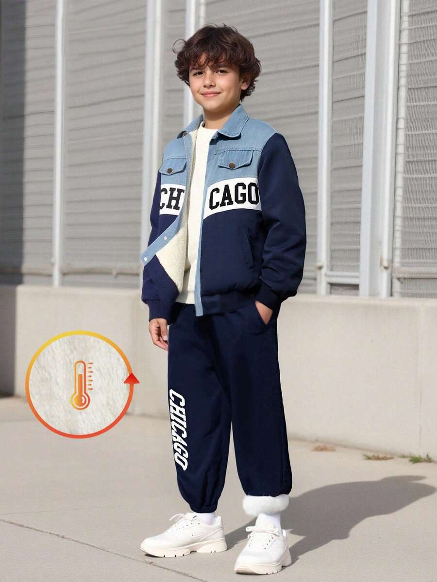 Vacaura 2pcs/Set Tween Boys Denim Patchwork Thermal Lined Thick Jacket Coat & Thermal Lined Jogger Pants Chicago Print Casual Sports Outfit, Winter - Navy Blue - View 1