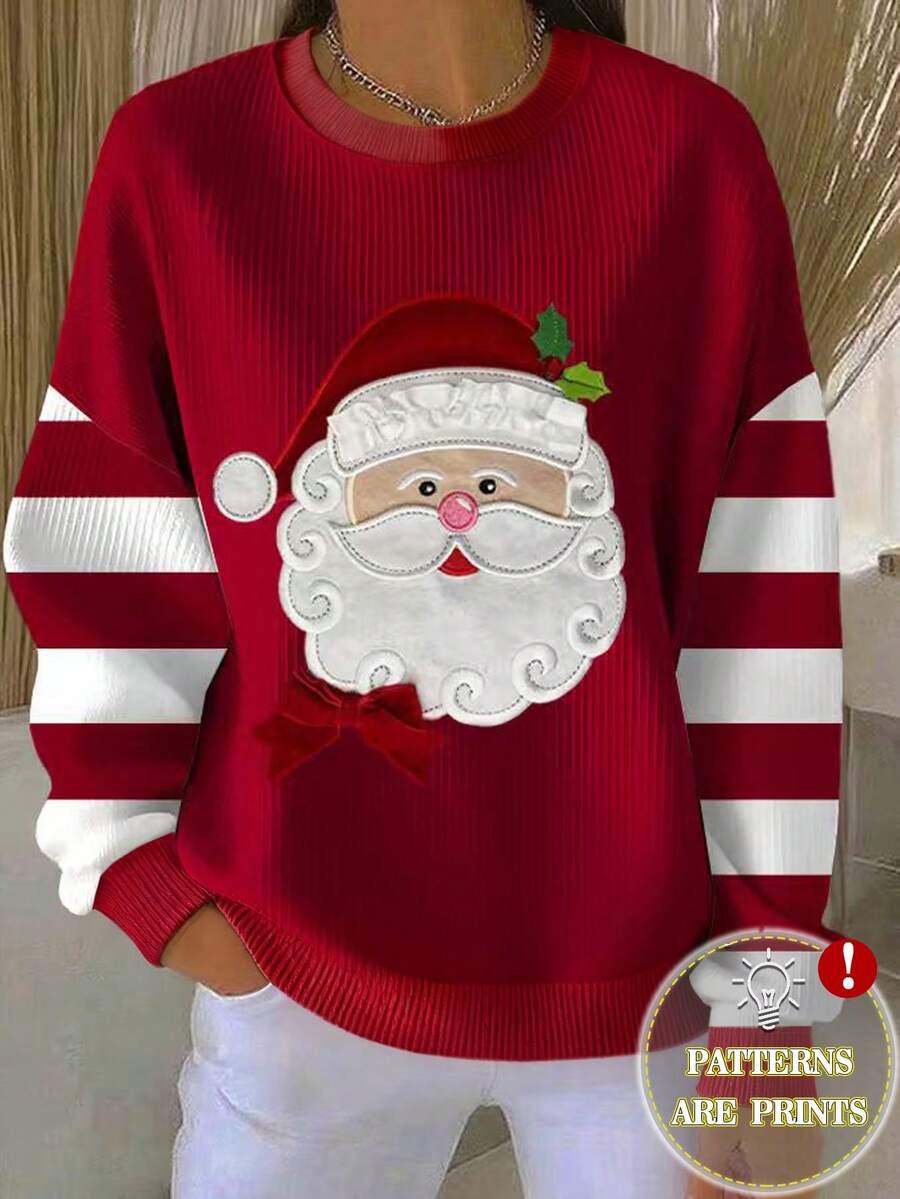 SHEIN LUNE Sweatshirt Kasual Lengan Panjang Leher Bulat Bahu Longgar Bordir Santa Claus Ukuran Besar untuk Wanita - Merah - View 1