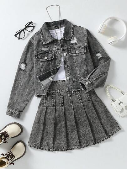 Sparklyn Tween Girls Y2K Style Denim Two Pieces Outfit, Autumn/Winter New Arrival, Collegiate Inspired, Jacket + Pleated Skirt Set, Casual Street Style Long Sleeve Distressed Denim Jacket + Denim Pleated Mini Skirt, Medium Blue Vintage Washed Denim, Loose Fashionable Versatile Set, Denim New Arrival Outfit Skirt And Shirt Out Fits For Tweens Gray