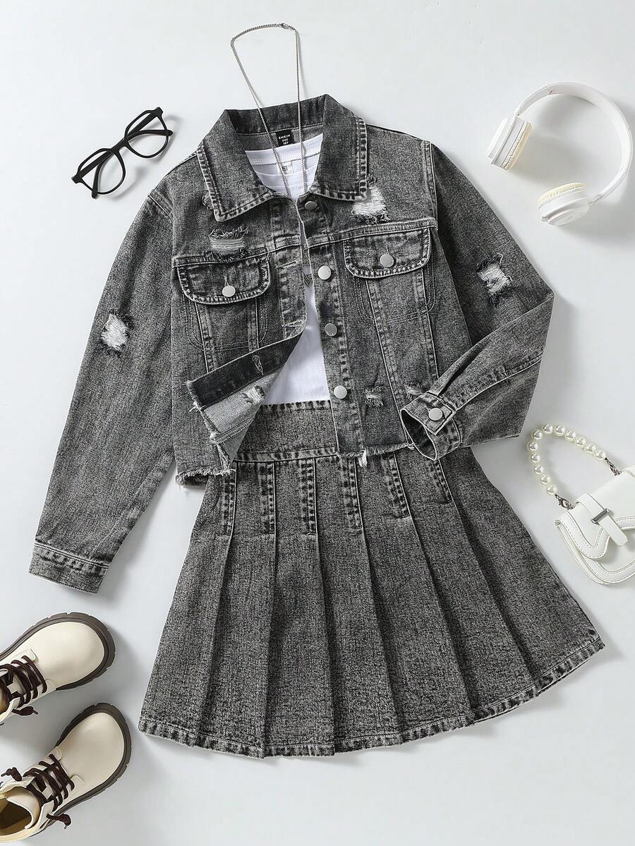 Sparklyn Tween Girls Y2K Style Denim Two Pieces Outfit, Autumn/Winter New Arrival, Collegiate Inspired, Jacket + Pleated Skirt Set, Casual Street Style Long Sleeve Distressed Denim Jacket + Denim Pleated Mini Skirt, Medium Blue Vintage Washed Denim, Loose Fashionable Versatile Set, Denim New Arrival Outfit Skirt And Shirt Out Fits For Tweens Gray