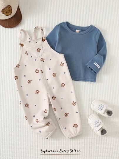 Cozy Pixies Set de 2 piezas de top de manga larga con cuello redondo suave y pantalón con tirantes, decorado con puño de punto de unicolor para niño bebé, conjunto casual y lindo para uso diario