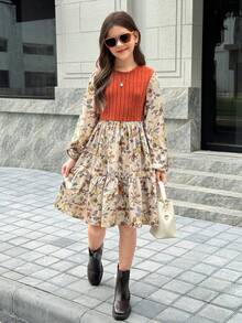 SHEIN NovaGlow Tween Girl Tween Girls Crew Neck Kaki Knit Patchwork Ditsy Floral Dress - màu nâu - Xem 3