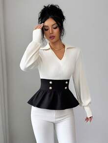 Elenzga Elegant Fashionable Minimalist Ruffle Hem White Knit Patchwork Blouse, Suitable For Party, Family Gathering, Christmas, Halloween, Valentine's Day, New Year, Commuting And Casual Wear, Autumn/Winter - Black and White - View 5