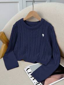 SHEIN 少女休闲纯色圆领长袖麻花针织毛衣，麻花针织毛衣，女童短款针织上衣，短款毛衣，少女毛衣，女童针织上衣，秋冬女装 - 藏蓝色 - 查看 2