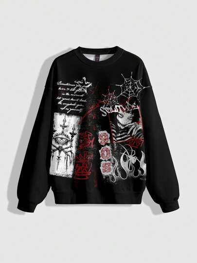 Anime Dark Horror Teeth Girl Cute Graphic Crew Neck Long Sleeve Sweatshirt For Women, Autumn/Winter/Spring