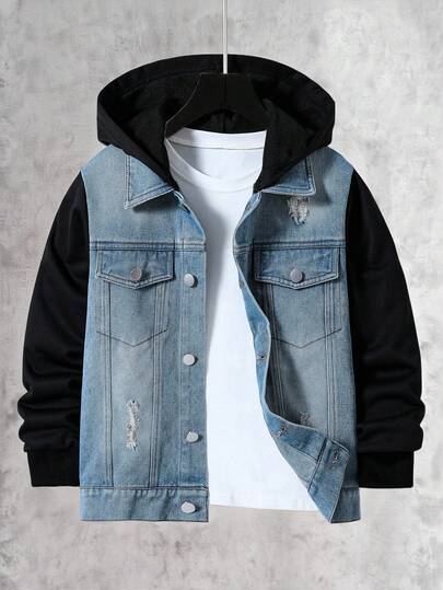 Vacaura 1pc Fashionable Denim Hooded Long Sleeve Jacket With Distressed Design For Tween Boys, Suitable For Casual And Commute Wear, Spring/Autumn