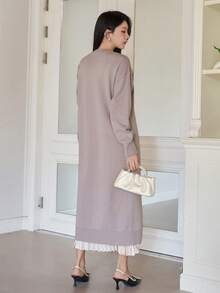 DAZY Women's Casual Solid Color Side Slit Long Sweater, Autumn - Pink - View 2