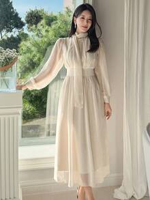 DAZY Women's Elegant Solid Color Tie Collar Puff Sleeve Mid-Length Dress, Autumn/Winter - Apricot - View 7